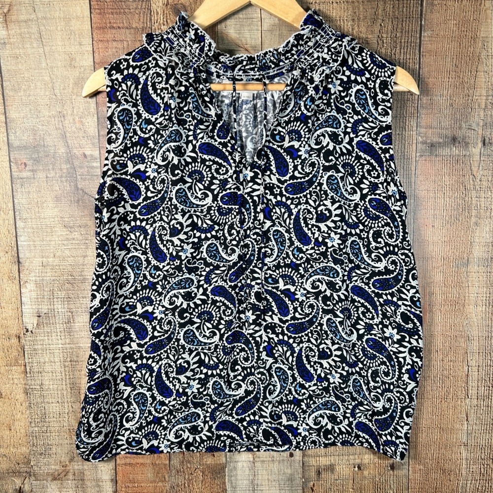 LOFT Blue Paisley Rayon Knit Mixed Media Ruffle Tie Neck Sleeveless Blouse M